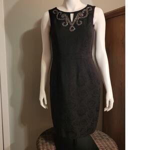 Ellen Tracy Black Jacquard Sheath Dress Beaded Neckline Cocktail Party Size 4
